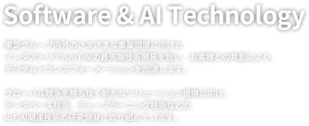 Software & AI Technology　東芝グループ内外のさまざまな事業領域に向けたインダストリアルIoT/AIの最先端技術開発を担い、お客様との共創により、デジタルトランスフォーメーションを加速します。グローバル競争を勝ち抜く新たなソリューション提供に向け、データベース技術、ディープラーニング技術などのIoT/AI関連技術の研究開発に取り組んでいます。