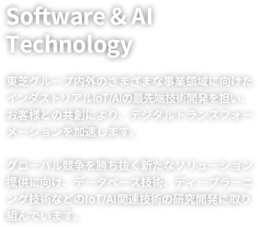 Software & AI Technology　東芝グループ内外のさまざまな事業領域に向けたインダストリアルIoT/AIの最先端技術開発を担い、お客様との共創により、デジタルトランスフォーメーションを加速します。グローバル競争を勝ち抜く新たなソリューション提供に向け、データベース技術、ディープラーニング技術などのIoT/AI関連技術の研究開発に取り組んでいます。