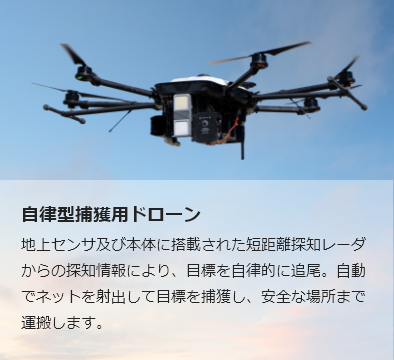 自律型捕獲用ドローン 地上センサ及び本体に搭載された短距離探知レーダからの探知情報により、目標を自律的に追尾。自動でネットを射出して目標を捕獲し、安全な場所まで運搬します。