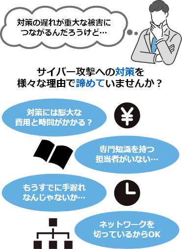 対策の遅れが重大な被害につながるんだろうけど…サイバー攻撃への対策を様々な理由で諦めていませんか？対策には膨大な費用と時間がかかる？専門知識を持つ担当者がいない…もうすでに手遅れなんじゃないか…ネットワークを切っているからOK