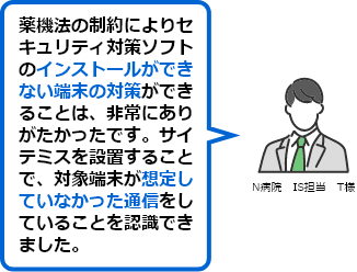 薬機法の制約によりセキュリティ対策ソフトのインストールができない端末の対策ができることは、非常にありがたかったです。サイテミスを設置することで、対象端末が想定していなかった通信をしていることを認識できました。（N病院　IS担当　K様）