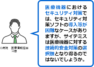 医療機器におけるセキュリティ対策では、セキュリティ対策ソフトの導入等が困難なケースがありますが、サイテミスは医療機器に対する技術的安全対策の選択肢となり得るのではないでしょうか。（O病院　医療情報担当　H様）