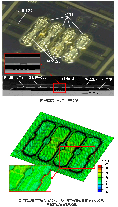 実圧気密封止後の外観と断面／各薄膜工程での応力およびモールド時の影響を構造解析で予測し中空封止構造を最適化
