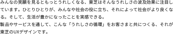 みんなの笑願を見るともっとうれしくなる、東芝はそんなうれしさの波及効果に注目しています。ひとりひとりが、みんなや社会の役に立ち、それによって社会がより良くなる。そして、生活が豊かになったことを実感できる。製岳やサーピスを通して、こんな「うれしさの循環」をお客さまと共につくる、それが東芝のUXデザインです。