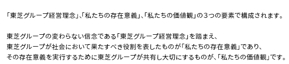 東芝グループ理念体系は、東芝グループの持続的な成長を支える基盤であり、すべての企業活動の拠り所となるものです。「東芝グループ経営理念」、「私たちの存在意義」、「私たちの価値観」の３つの要素で構成されます。
東芝グループの変わらない信念である「東芝グループ経営理念」を踏まえ、東芝グループが社会において果たすべき役割を表したものが「私たちの存在意義」であり、その存在意義を実行するために東芝グループが共有し大切にするものが、「私たちの価値観」です。