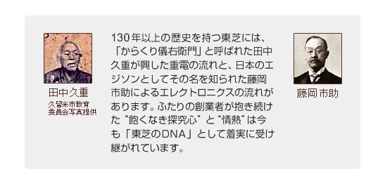 130年以上の歴史を持つ東芝には、「からくり儀右衛門」と呼ばれた田中久重が興した重電の流れと、日本のエジソンとしてその名を知られた藤岡市助によるエレクトロニクスの流れがあります。ふたりの創業者が抱き続けた“飽くなき探究心”と“情熱”は今も「東芝のＤＮＡ」として着実に受け継がれています。