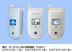 東芝 ボーダフォン向け携帯電話「V302T」 ルミナスブルー(左)ルミナスホワイト(中)ルミナスゴールド(右)