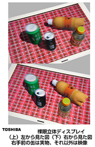 東芝　裸眼立体ディスプレイ（上）左から見た図（下）右から見た図左手前の缶は実物、それ以外は映像