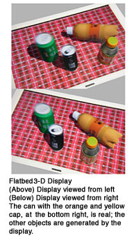Flatbet 3-D Display (Above) Display viewed from left (Below) Display viewed from right The can with the orange and yellow cap, on the bottom right, is real; the other objects are generated by the display.