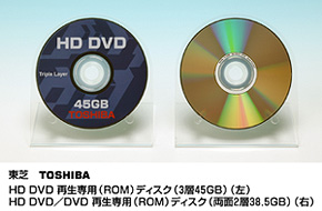 東芝　HD　DVD再生専用（ROM）ディスク（３層４５ＧＢ）（左）　HD DVD /DVD再生専用（ROM）ディスク（両面２層３８．５ＧＢ）（右）