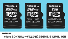東芝　microSDメモリカード（左から）256MB、512MB、1GB