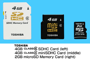 4GB CLASS 6 SDHC Card, 4GB CLASS 4 miniSDHC Card, 2GB microSD Memory Card