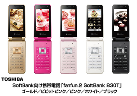 SoftBank向け携帯電話「fanfun.2 SoftBank 830T」　ゴールド／ビビットピンク／ピンク／ホワイト／ブラック