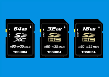 Image of 64GB SDXC, 32GB and 16GB SDHC cards