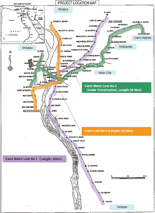 Image of Cairo Metro line alignment including Lines 2 and 3 Image of Cairo Metro line alignment including Lines 2 and 3
