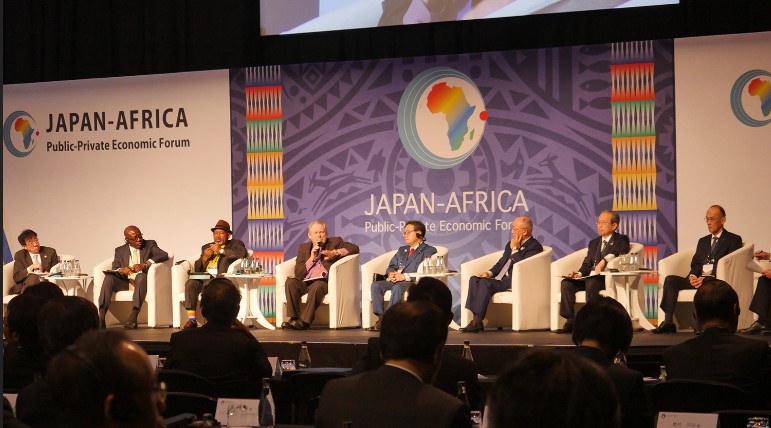 Japanese and African politicians and industrialists meet in the plenary session.