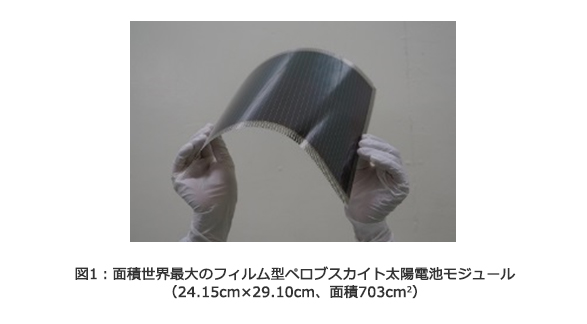 図1：面積世界最大のフィルム型ペロブスカイト太陽電池モジュール（24.15cm×29.10cm、面積703㎠）