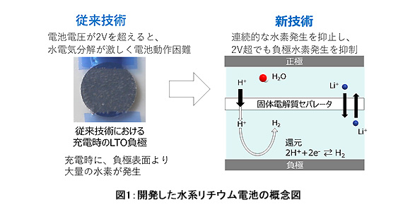 図1：開発した水系リチウム電池の概念図
