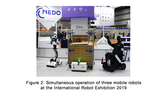 Figure 2: Simultaneous operation of three mobile robots at the International Robot Exhibition 2019
