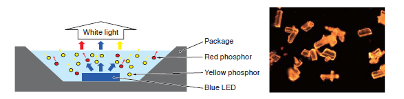 Cross-sectional structure of white LED with high color rendering index (left) Emission from red-emitting sialon phosphor (right)
