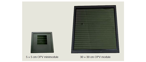 5 × 5 cm OPV minimodule with world's highest conversion efficiency and 30 x 30 cm OPV module