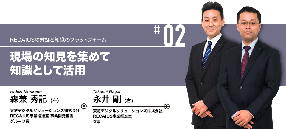 #02 RECAIUSの対話と知識のプラットフォーム 現場の知見を集めて知識として活用 東芝デジタルソリューションズ株式会社 RECAIUS事業推進室 参事 永井 剛 東芝デジタルソリューションズ株式会社 RECAIUS事業推進室 事業開発担当 グループ長 森兼 秀記