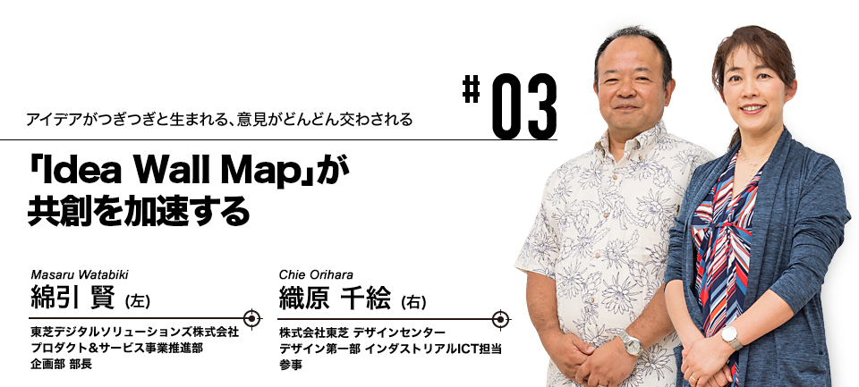 #03 アイデアがつぎつぎと生まれる、意見がどんどん交わされる 「Idea Wall Map」が共創を加速する 株式会社東芝 デザインセンター デザイン第一部 インダストリアルICT担当 参事 織原 千絵 東芝デジタルソリューションズ株式会社 プロダクト&サービス事業推進部 企画部 部長 綿引 賢