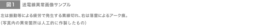 送電線異常画像サンプル　左は振動等による疲労で発生する素線切れ、右は落雷によるアーク痕。（以下の写真は人工的に作製したものです）