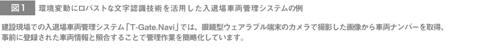 環境変動にロバストな文字認識技術を活用した入退場車両管理システムの例 建設現場での入退場車両管理システム「T-Gate.Navi」では、眼鏡型ウェアラブル端末のカメラで撮影した画像から車両ナンバーを取得、事前に登録された車両情報と照合することで管理作業を簡略化しています。