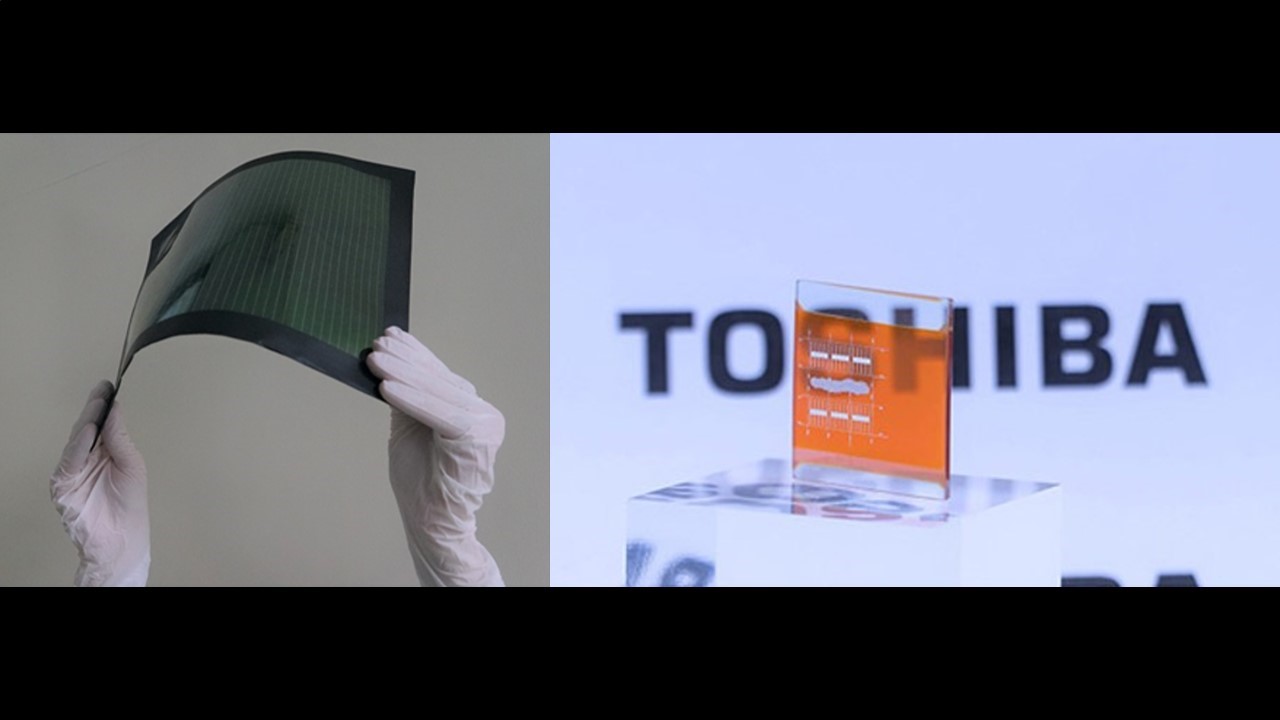 Toshiba’s film-type perovskite solar cell (left) and the transparent Cu2O cell for tandem solar cell (right).