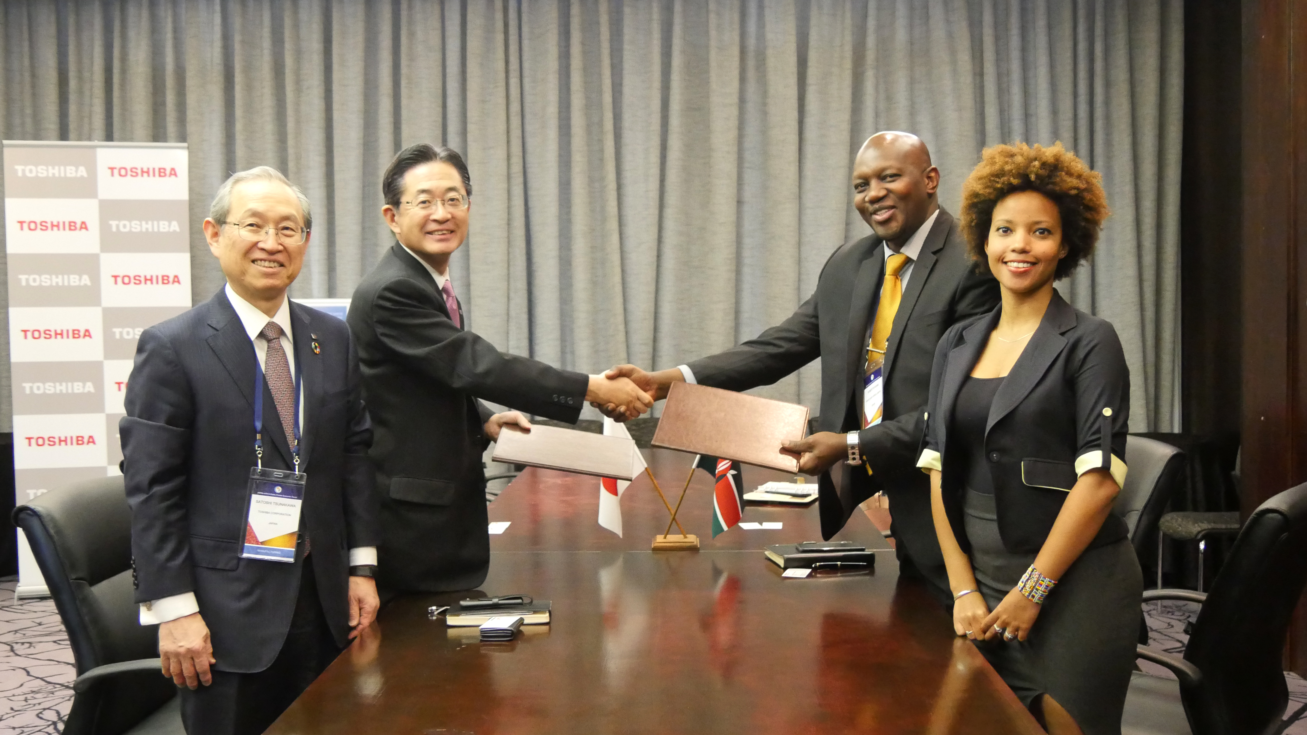 From left to right,Satoshi Tsunakawa, President and Chief Operating Officer of Toshiba,  Toyoaki Fujita, Business Development Executive of Toshiba Energy Systems & Solutions Corporation, Robert Nyasimi, Group CEO of RentCo East Africa Ltd., Sandra Lombard,Executive assistant of RentCo East Africa Ltd.