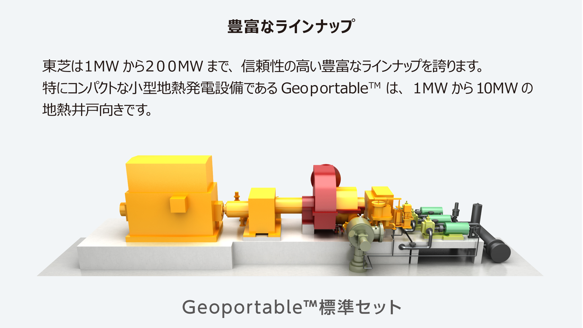 豊富なラインナップ　東芝の開発した地熱発電システムは、豊富なラインナップを誇ります。特にコンパクトなGeoportable™ は、様々な状況に対応可能です。Geoportable™標準セット