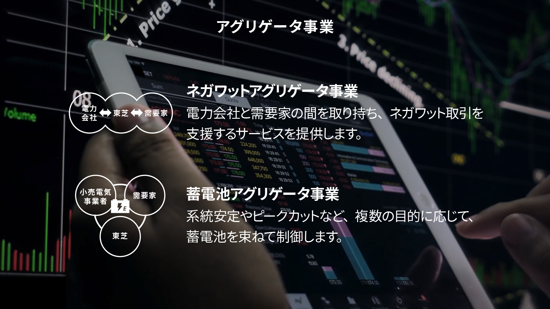 アグリゲータ事業 ネガワットアグリゲータ事業 電力会社と需要家の間を取り持ち、ネガワット取引を支援するサービスを提供します。 蓄電池アグリゲータ事業 系統安定やピークカットなど、複数の目的に応じて、蓄電池を束ねて制御します。