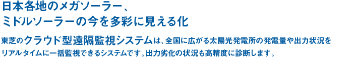 日本各地のメガソーラー、ミドルソーラーの今を多彩に見える化　東芝のクラウド型遠隔監視システムは、全国に広がる太陽光発電所の発電量や出力状況をリアルタイムに一括監視できるシステムです。