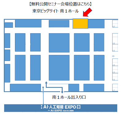 【無料公開セミナー会場位置】東京ビッグサイト 南１ホール出入口に入り、つきあたりを右に進む