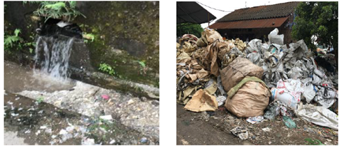 リサイクル施設から放流される未処理の排水（左）、リサイクルに適さないプラスチックの投棄（右）の例