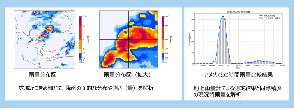 図 1：東芝のレーダ解析技術による現況降雨量の解析結果