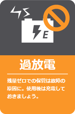 過放電: 残量ゼロでの保管は故障の原因に。使用後は充電しておきましょう。