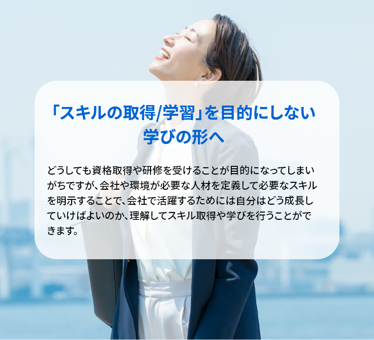 「スキルの取得/学習」を⽬的にしない 学びの形へ。どうしても資格取得や研修を受けることが⽬的になってしまい がちですが、会社や現場が必要な⼈材を定義して必要なスキル を明⽰することで、会社で活躍するためには⾃分はどう成⻑し ていけばよいのか、理解してスキル取得や学びを⾏うことがで きます。