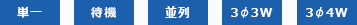 単一、待機、並列、3Φ3W、3Φ4W