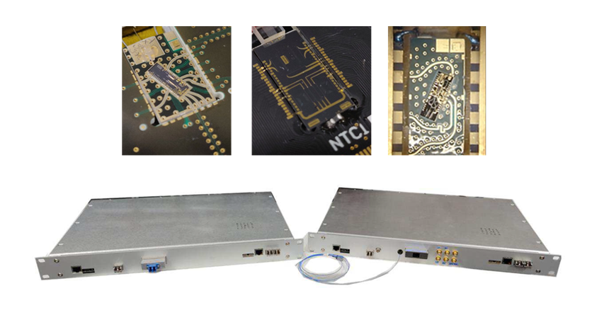 図2： 試作した光集積回路と「チップベース量子暗号通信システム」（上段左から、量子送信チップ、量子受信チップ、量子乱数発生チップ、下段、「チップベース量子暗号通信システム」）