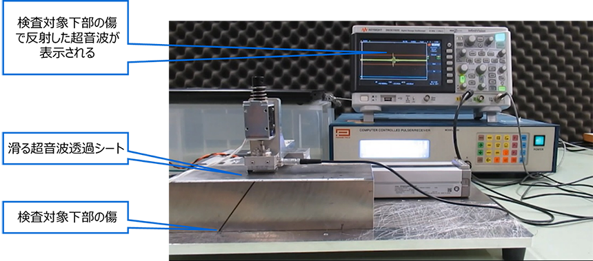 図4： 「滑る超音波透過シート」を用いた探傷実験の様子