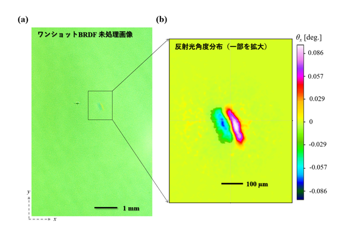 図2：(a)本光学技術により撮像したシリコンウエハー表面の画像(視野12mm×8mm)、(b)撮像画像から変換された反射光角度分布の欠陥周辺を拡大した画像