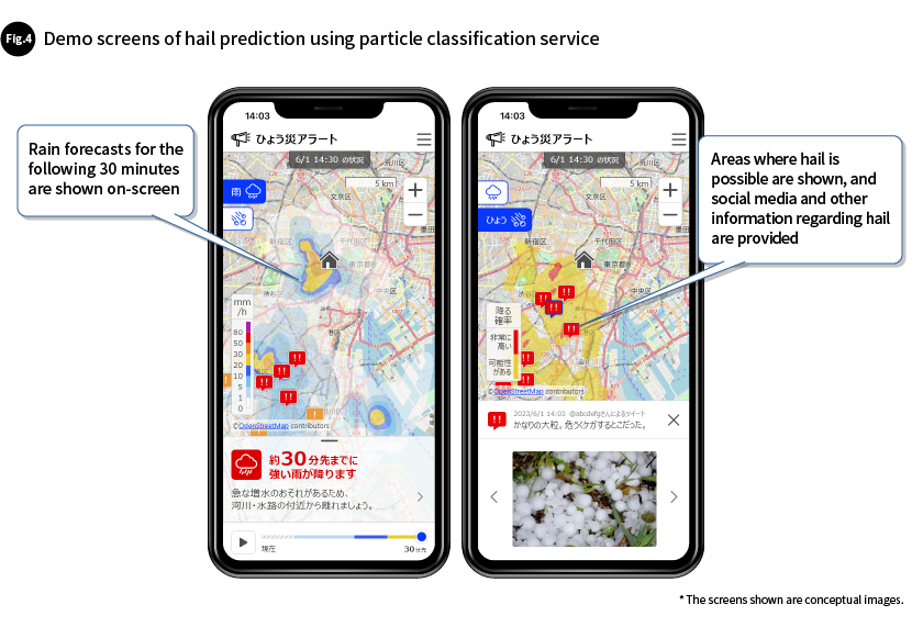 Fig. 4 Demo screens of hail prediction using particle classification service