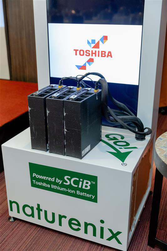 Toshiba rechargeable lithium-ion battery SCiB™ and demonstration charging station by naturenix inc.
