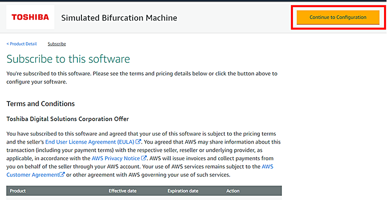 Read the offer terms, then choose Accept Contract to agree to the subscription offer. It may take a moment for the subscription action to complete. When it does, you receive an email message about the subscription terms, and then you're able to continue. Choose Continue to Configuration to configure and launch your software.