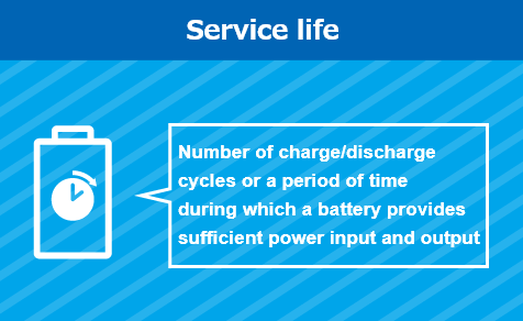 Service life: Number of charge/discharge cycles or a period of time during which a battery provides sufficient power input and output
