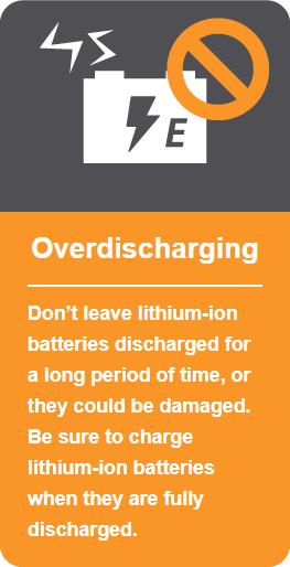 Overdischarging: Don't leave lithium-ion batteries discharged for a long period of time, or they could be damaged. Be sure to charge lithium-ion batteries when they are fully discharged.