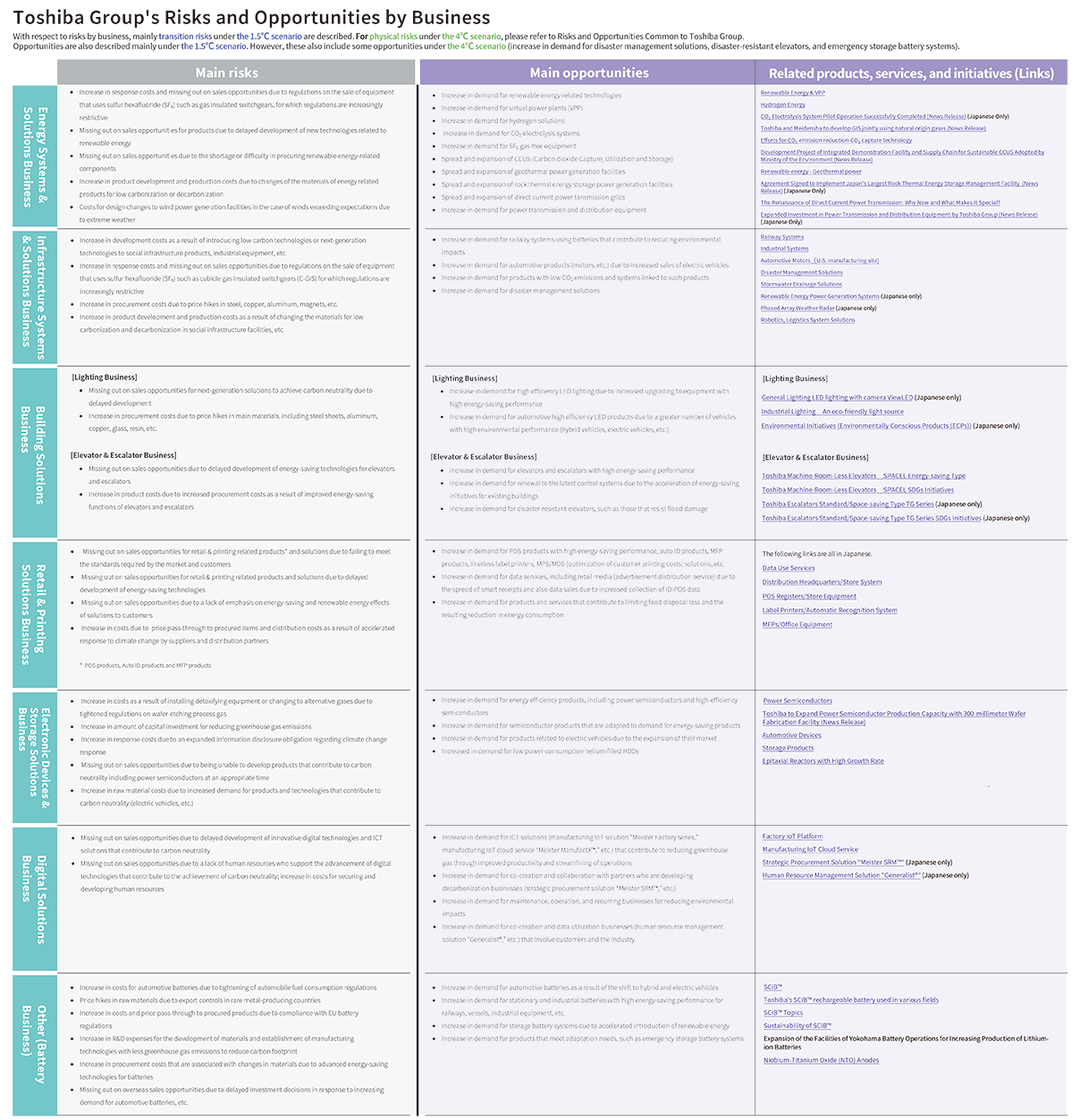 Toshiba Group’s Risks and Opportunities by Business