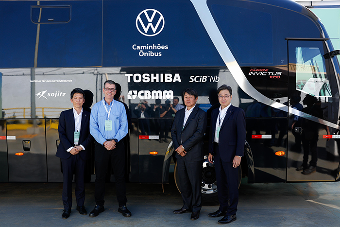 Toshiba, Sojitz, and CBMM representatives at the launch ceremony for the EV bus demonstration test